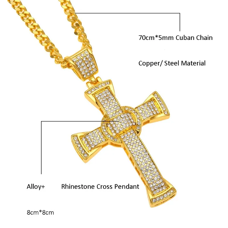 Bling Bling Rhinestone Jesús Cruz colgante collar para hombres mujeres cristal pavimentado Hip Hop Iced Out collar con 5 mm * 70 cm cadena cubana joyería