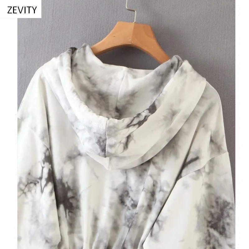 Zevity Women Vintage Ink Tie Dyed målning Casual Hooded Sweatshirts Ladies Hem Elastic Hoodies Brand Chic Tops H300 201203