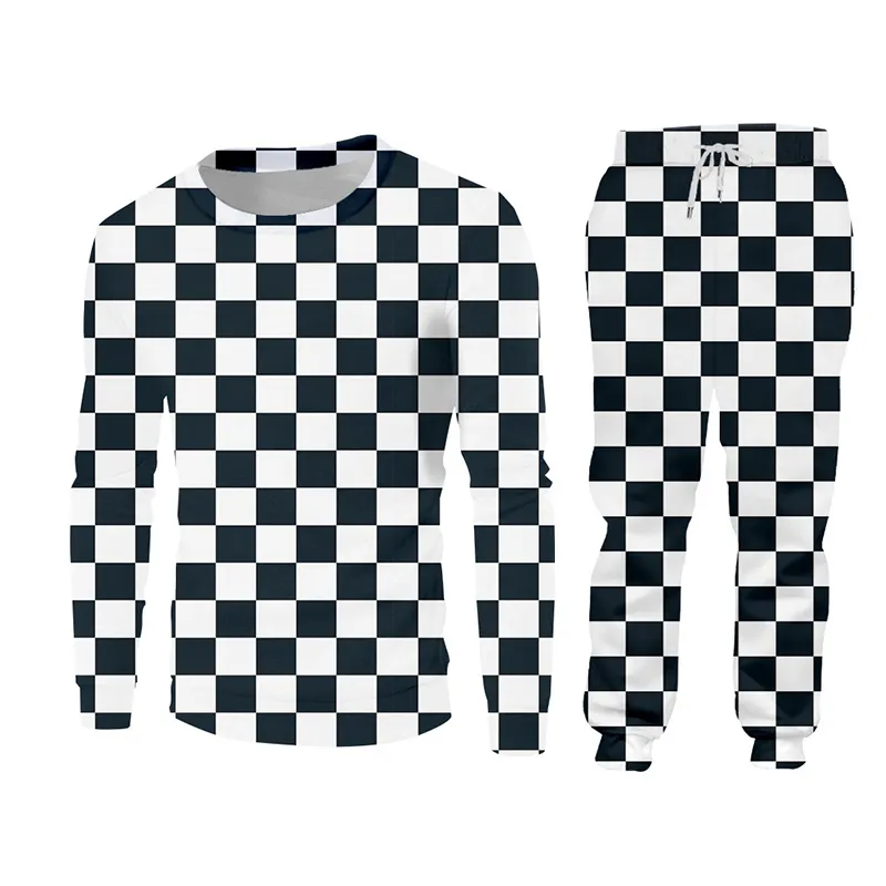 UJWI Plaid noir et blanc Damier Casual Streetwear Sweat-shirt et pantalon Crewneck Sweat à capuche Pulls Hommes Femmes Survêtement LJ201125