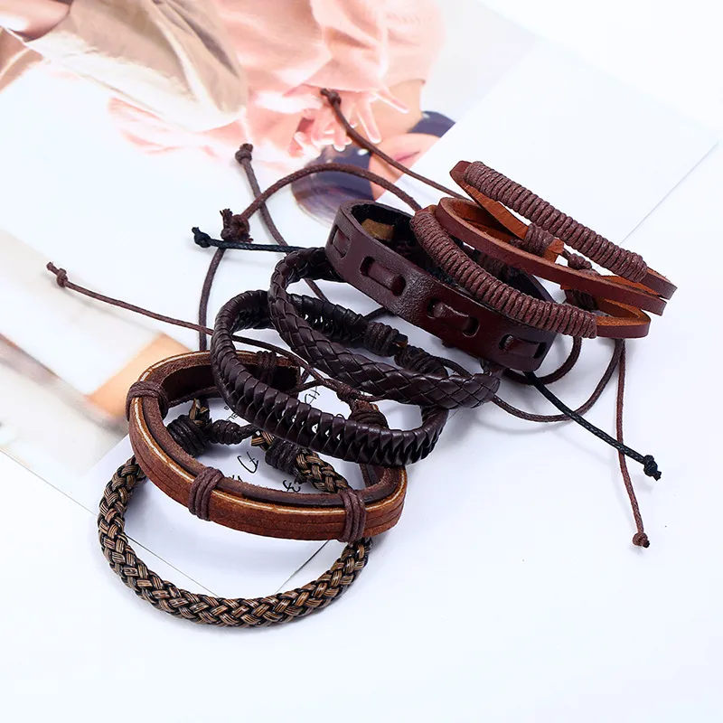 Adjustable braid leather bracelet set multi layer wrap bracelets wristband bangle cuff women men fashion jewelry will and sandy gift
