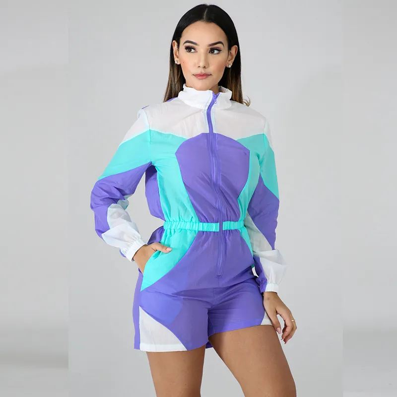 Curto Jumpsuit Mulheres Baggy Playsuit de Manga Longa Tracksuit Shorts Shorts Macacos Windbreaker Outfit Summer Roupas Sunscreen T200704