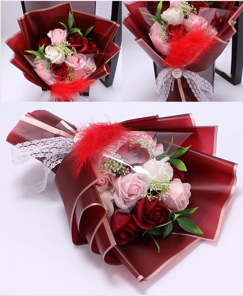 11 STKS Handgemaakte Creatieve Zeep Bloemen Rose Boeket Geschenkdoos Simulatie Decoratieve Bloem Valentijnsdag Verjaardag Decor258K