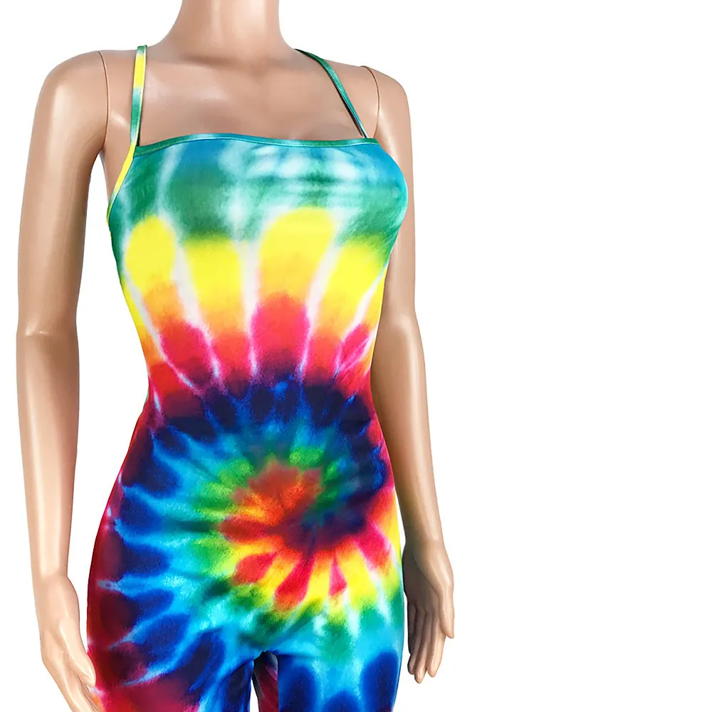 ANJAMANOR Tie Dye Rainbow Print Romper Women Sexy Backless Bodycon Shorts Jumpsuit Plus Size Rompers Summer Playsuit D74-AA28 T200704