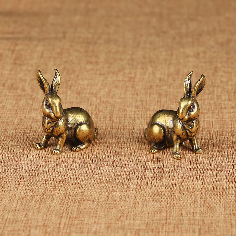 1 par de adornos de estatua de conejo de la suerte del zodiaco de cobre antiguo, estatuilla en miniatura de animales de latón macizo Vintage, decoración de escritorio para mascotas Y282m