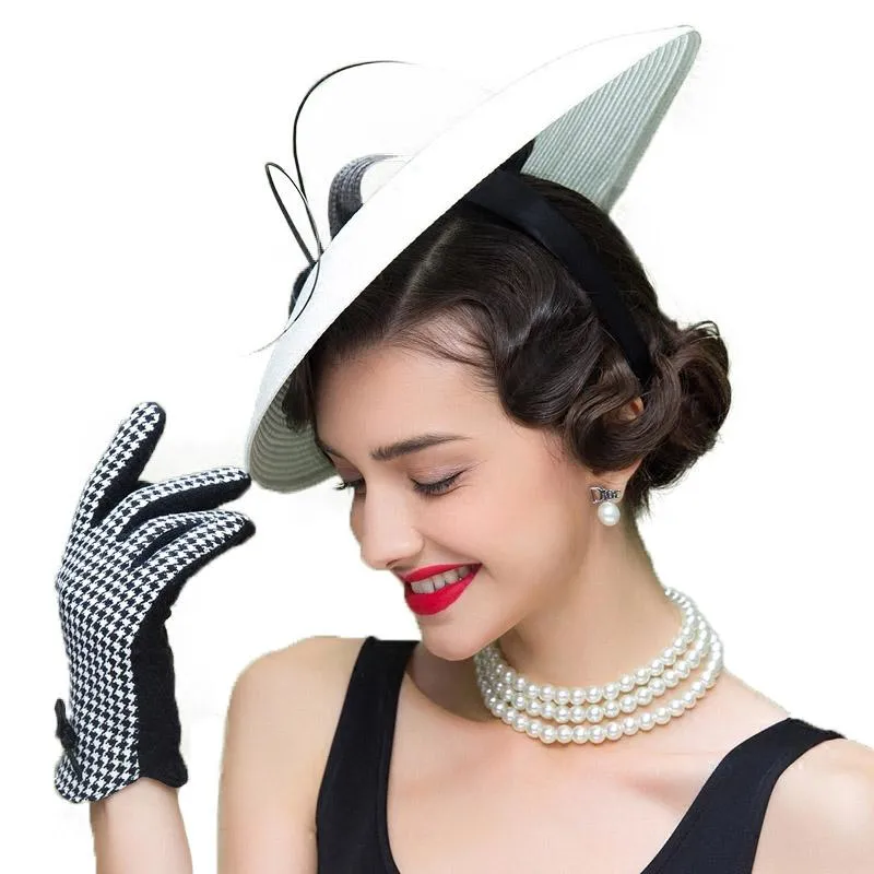 FS Fascinators Sombrero Pastillero De Bodas En Blanco Y Negro Para Mujer Sombrero De Paja Vintage Vestido De Mujer Hats1201r