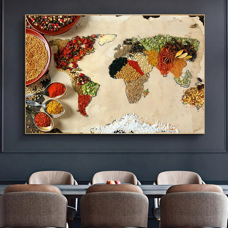 Grani Spezie Cucchiaio Mappa Wall Art Poster e stampe Immagini di cibo su tela Pittura ristorante Soggiorno Decorazione domestica