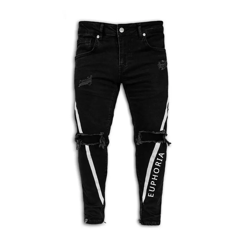 Ripped Hole Jeans för män Hip Hop Cargo Pant Distressed Light Blue Denim Skinny Kläder Full längd Höstbyxor 220308