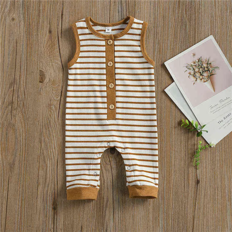 Babys Casual Sans Manches Jumpsuit Summer Fashion Stripe Col Rond Pull-on Single-breasted Romper One Piece Garçon Fille Vêtements G1221