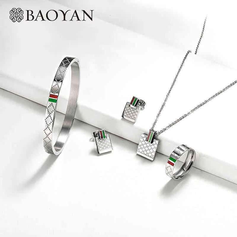 BAOYAN luxe marque designer or imitation femmes en acier inoxydable 316L ensemble de bijoux pour femmes femme hommes bague boucles d'oreilles collier 220210