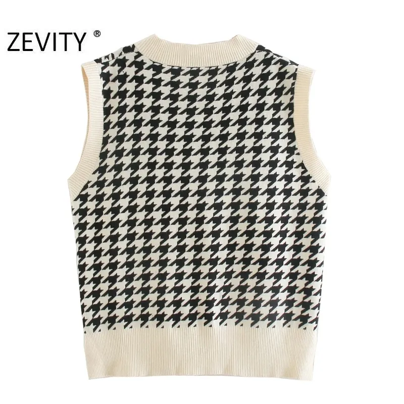 Zevity Women Vintage v Boyun Houndothott Down Baskı Düğmesi Yelek Kazak Kadın Yan Bölünmüş Kazak Şık Leisure Jumper TOPS S448 201221