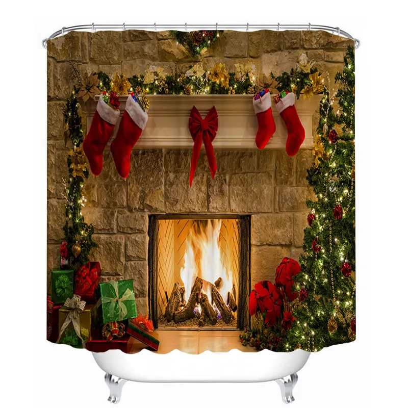 Alberi di Natale Camino 3D Tenda da doccia Tappetini da bagno Tappeti igienici Tappeto antiscivolo Festival Decor Buon Natale Set da bagno F127520754