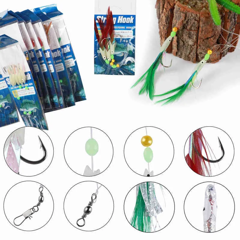 22st Fish Skin String Hooks Sabiki Rig Luminous Soft Räka Fiskekrok Lure Bait Mix -storlek Tackla tillbehör för sötvatten 2114369907