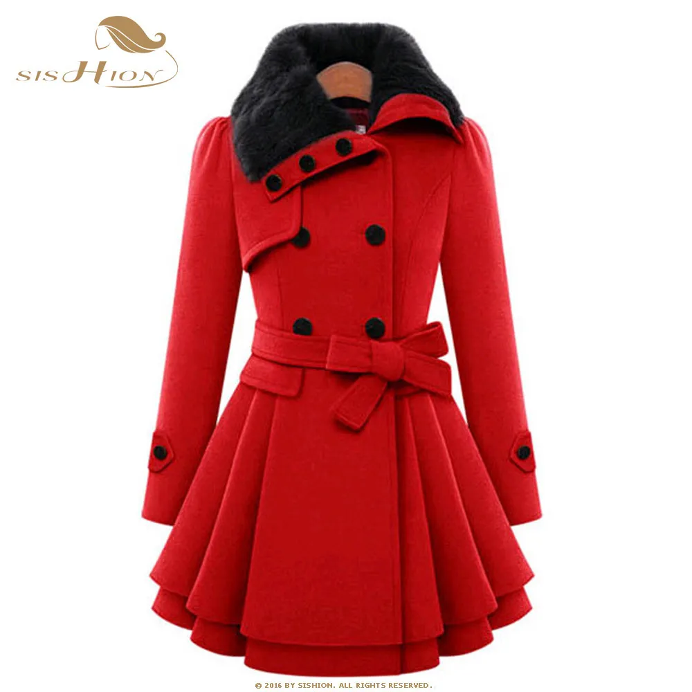 SISHION Plus Size Nero Rosso Cappotto vintage da donna Autunno Inverno Cappotto in misto lana Cappotto doppiopetto da donna LJ201106