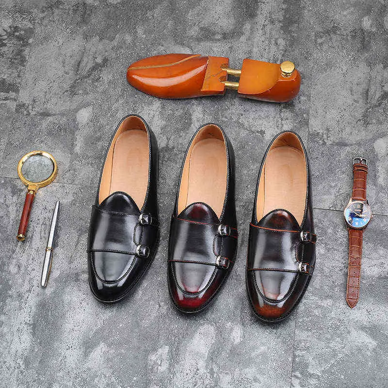 Jurk schoenen mode monnik riem lederen mannen plus size Britse stijl loafer casual flat voor feestclub Nieuw Zapatos Hombre 220223