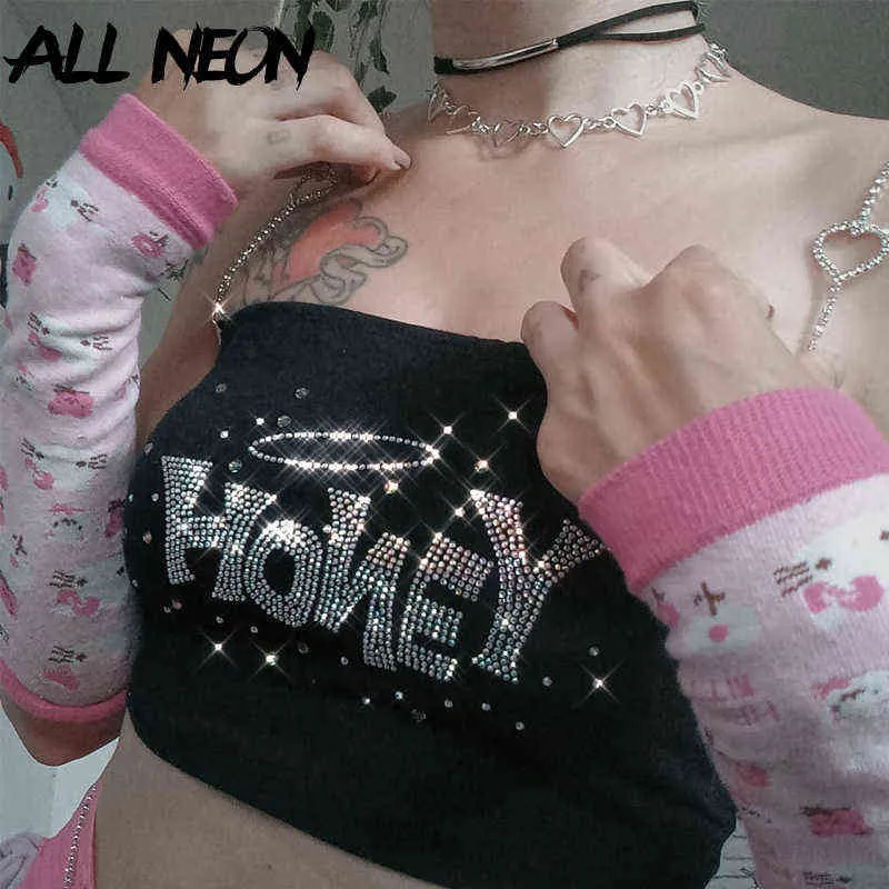 Alleon 2000s estetik Kawaii Rhinestone Trim brev Crop Tops Pastell Goth Y2K Kedja Straped Black Cami Top Cute Outfits New Y220308