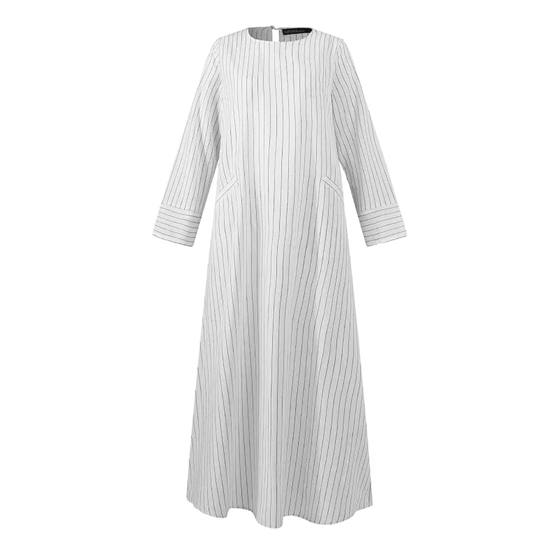 Plus Size Muslim Robe Dress Women Long Sleeve Striped Sundress ZANZEA Autumn Cotton Linen Dress Kaftan Vestido Femme Baggy 5XL Y0118