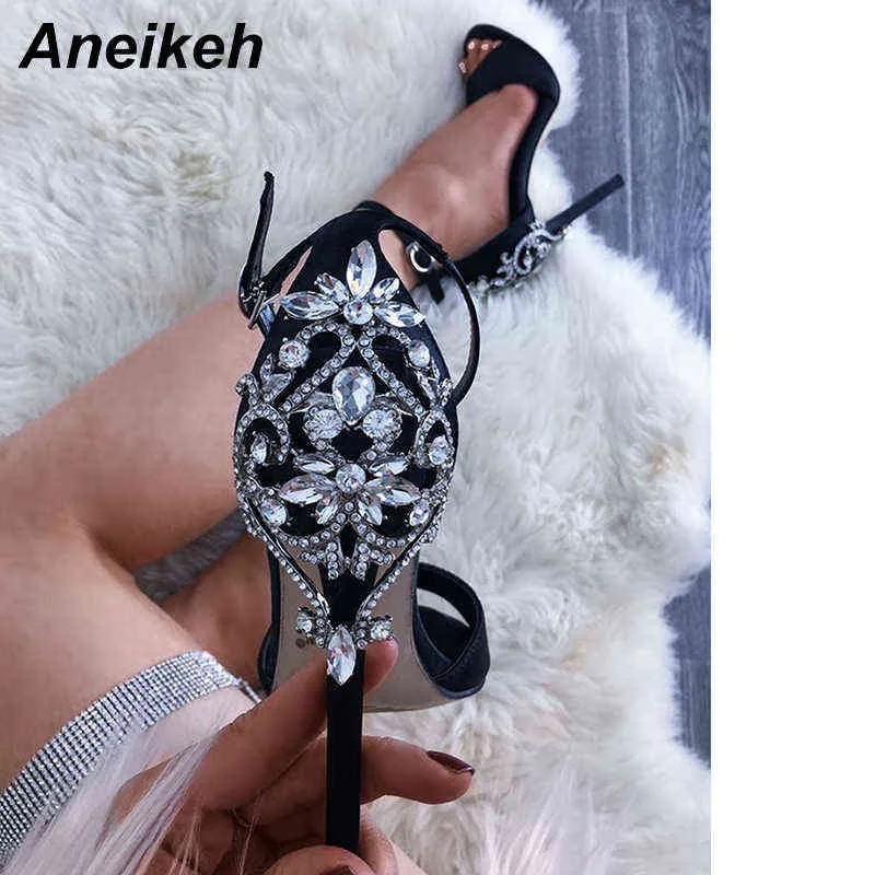 Sandales Aneikeh strass Stiletto Lady Sexy cristal talons fins sandale femme bride à la cheville robe de mariée chaussures pompes taille 35-42 noir 220121