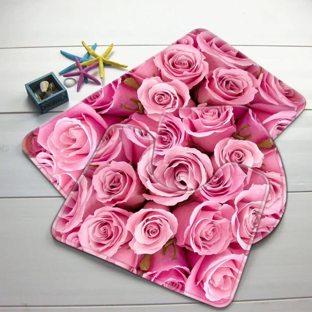 Set Pink Roses Pattern Bath Anti Slip Shower and Toilet Mat Bathroom Products 2012117262407