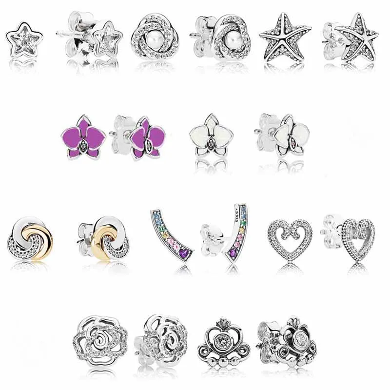 925 Sterling Silver Earring Fit Pandora Style Starshine Orchid Rainbow Arcs of Love Heart Interlinked Circles Stud Earrings For Women Jewelry Gift