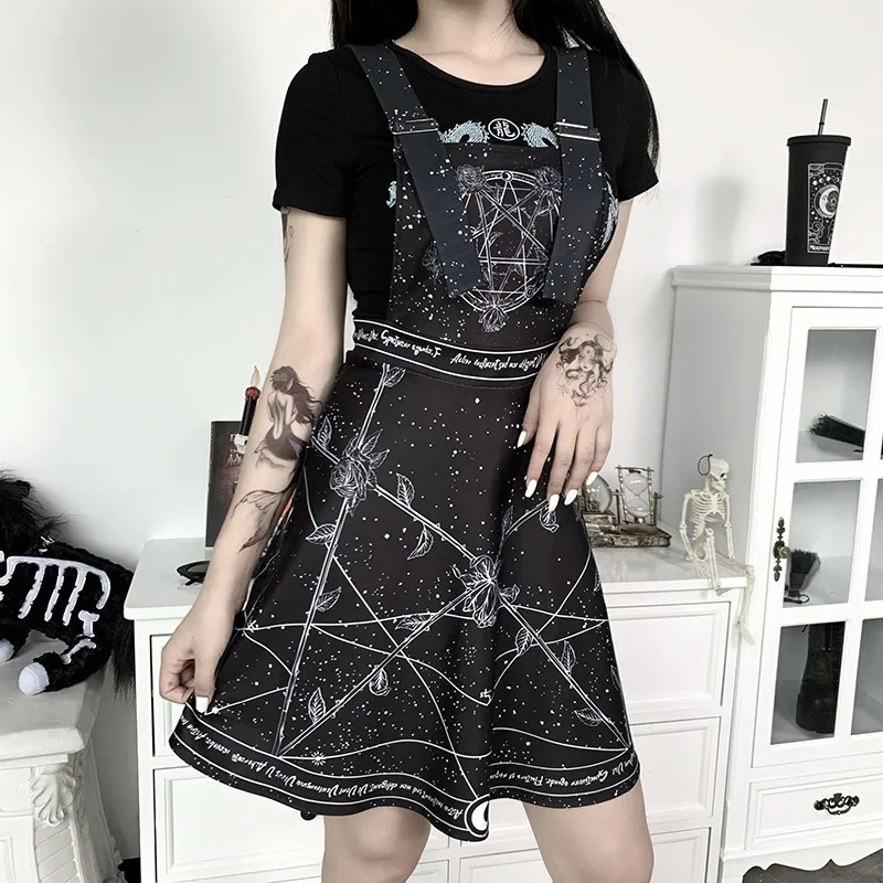 InsGoth Pentagram Imprimer Jupes Sangle Noire Gothique Harajuku Haute Wiast Mini Jupes Plissées Femme Jarretelles Jupe Été Vintage LJ200819