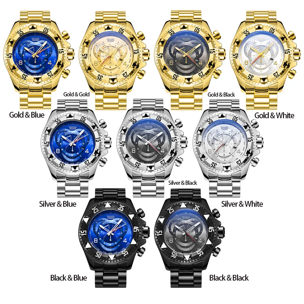 Relogio TEMEITE 2018 Nieuwe Quartz Horloges Heren Mode Creatieve Zware Waterdichte Horloge Luxe Goud Blauw Volledig Staal Masculino2249