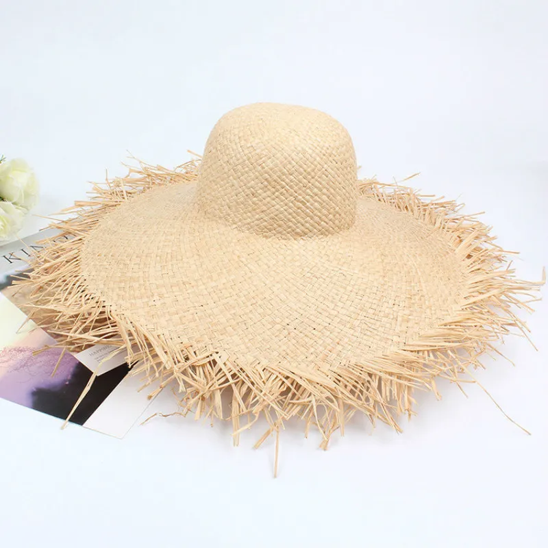 Terra artesanal Teave 100% Raffia Sun Hats for Women 15 cm Large largo de palha de palha ao ar livre Capacias de verão Caps Chapeu feminino y20071256b