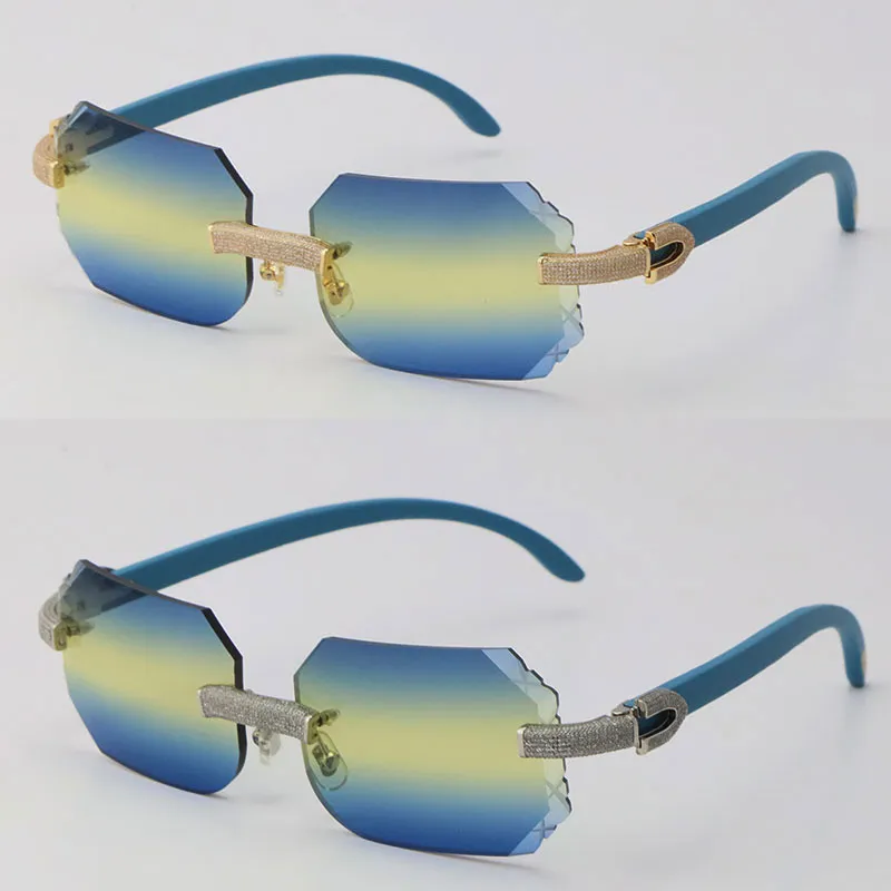 New Micro-paved Vintage wooden Rimless Luxury Diamond Set Sunglasses Blue Wood driving Sun Glasses Rocks Metal Frame Male and Fema206v