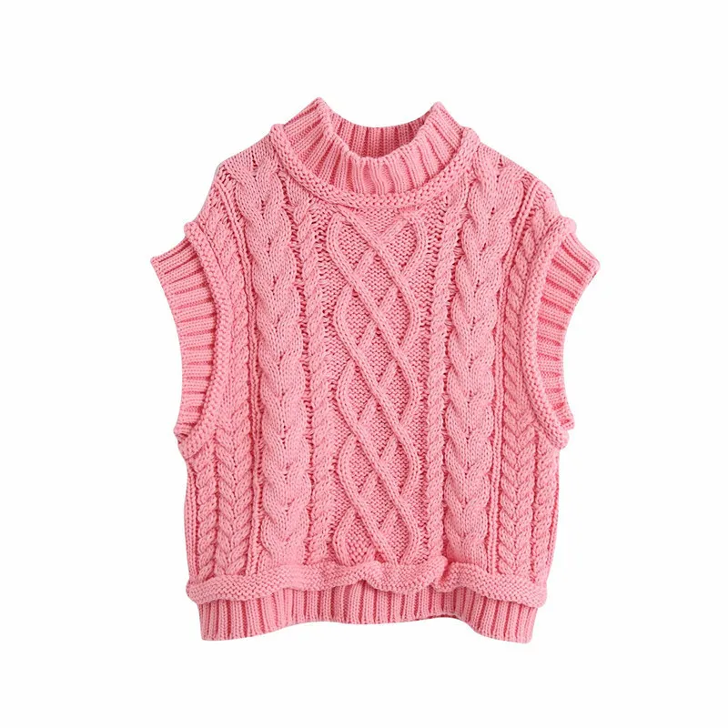 Za Knit Sweater Vest Women High Collar Sleeveless Cable Knitted Top Female Chic Casual Autumn Pink Pullover 201130