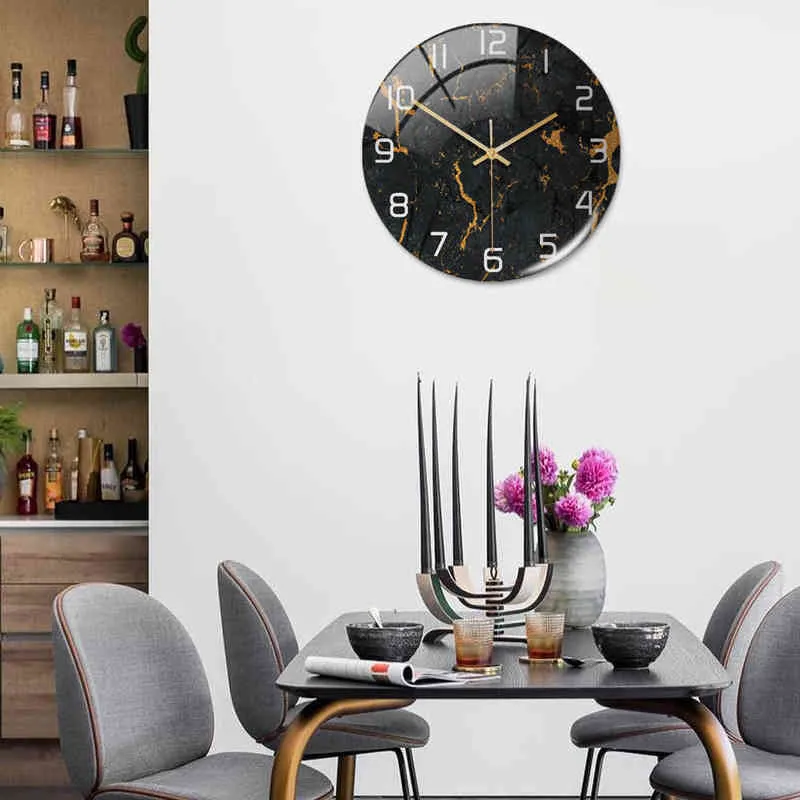 Ronde Marbre De Luxe Grande Horloge Murale 3D Créativité DIY Acrylique Verre Quartz Montre Décor À La Maison Salon Décoration Horloge Murale H1230