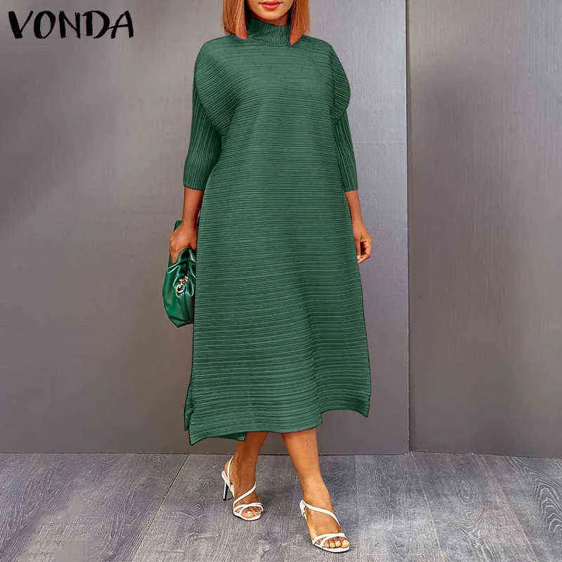 VONDA Midi Kleider Für Frauen Faldas Plissee High Neck Einfarbig Kleid Dame Seite Schlitz 3/4 Hülse A-Line Solide Vestido übergroßen Y220214