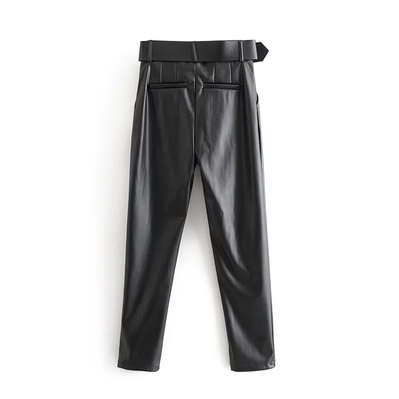 Aachoe Women Chic Black Pu Faux Calças de Couro Moda Cintura Alta Bolsos Senhoras Escritório Calças com Cinto Casual Pants Calças 201113