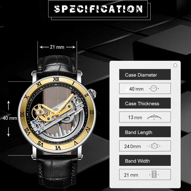 ForSining Fashion Transparent Skeleton Mechanical Men tittar på läderstarp Business Clock Mens Automatic Wristwatch1267G