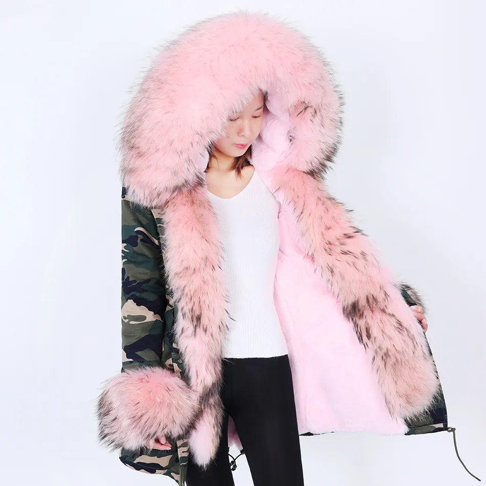 MAOMAOKONG winter women long coats with Pink real fur coat natural raccoon fur collar long parkas warm jacket women 201125