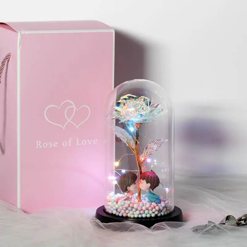 2020 Ny Wishing Girl Galaxy Rose i kolv LED -blinkande blommor i glasskupol för bröllopsdekoration Valentins dag Gift210b