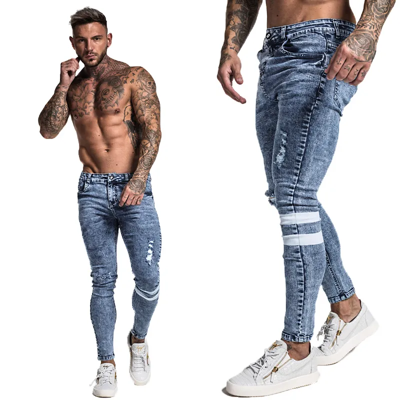 Jeans skinny Gingtto Jeans uomo slim fit strappati Jeans uomo blu elasticizzati grandi e alti uomo Vita elastica effetto consumato LJ200903