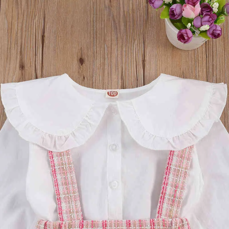 Focusnorm Autumn Princess Kids Baby Girls Clothes Set 2st Peter Pan Collar Single Breasted Tops Plaid Print Bib Rem klänning G220310