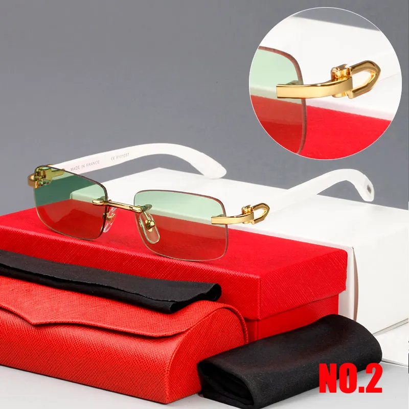 Ретро безрамные прямоугольные солнцезащитные очки для женщин деревянные серебряные бокалы золотой чай буффало рог бизнес -повседневные классические очки Un307m