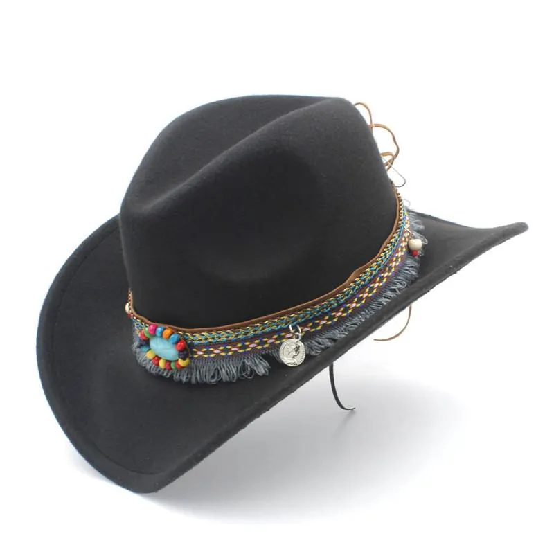 Chapeau de Cowboy occidental creux en laine pour enfants, avec ceinture à pampilles, chapeau de Jazz pour filles, casquette Sombrero, taille 52-54CM, pour 4-8 ans, 210o
