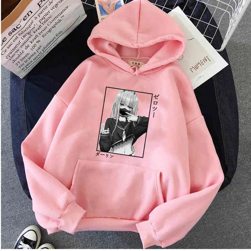 Harajuku älskling i franxx hoodies rolig grafisk vinter varm streetwear hip hop noll två sweatshirts man h1227