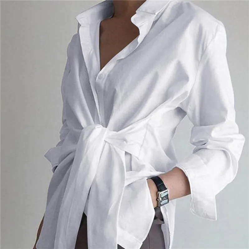 Elegante blusa asimétrica con cordones para mujer, blusa informal de manga larga con botones para mujer, Blusas de trabajo, Túnica de talla grande 220311