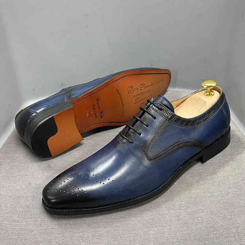 Jurk Schoenen Nieuwe Lederen Heren Handgemaakte Office Business Bruiloft Blauw Zwart Luxe Lace-up Formele Oxfords Mens 220223