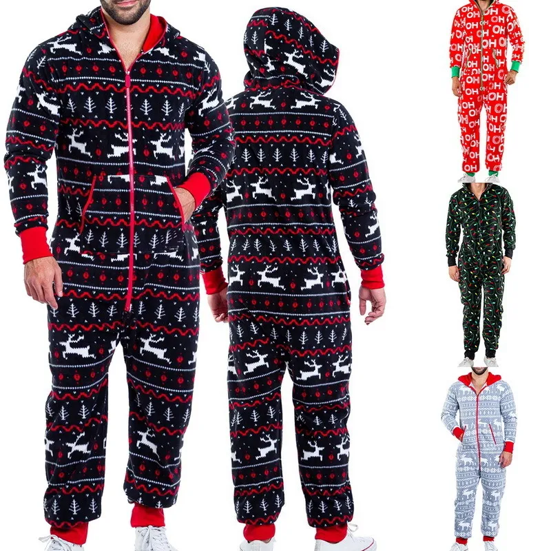 Gli uomini di Natale 1 pezzo pigiama a maniche lunghe degli indumenti da notte tuta lunga cerniera pigiama con cappuccio da uomo pigiami 2020 moda pigiameria set LJ201112
