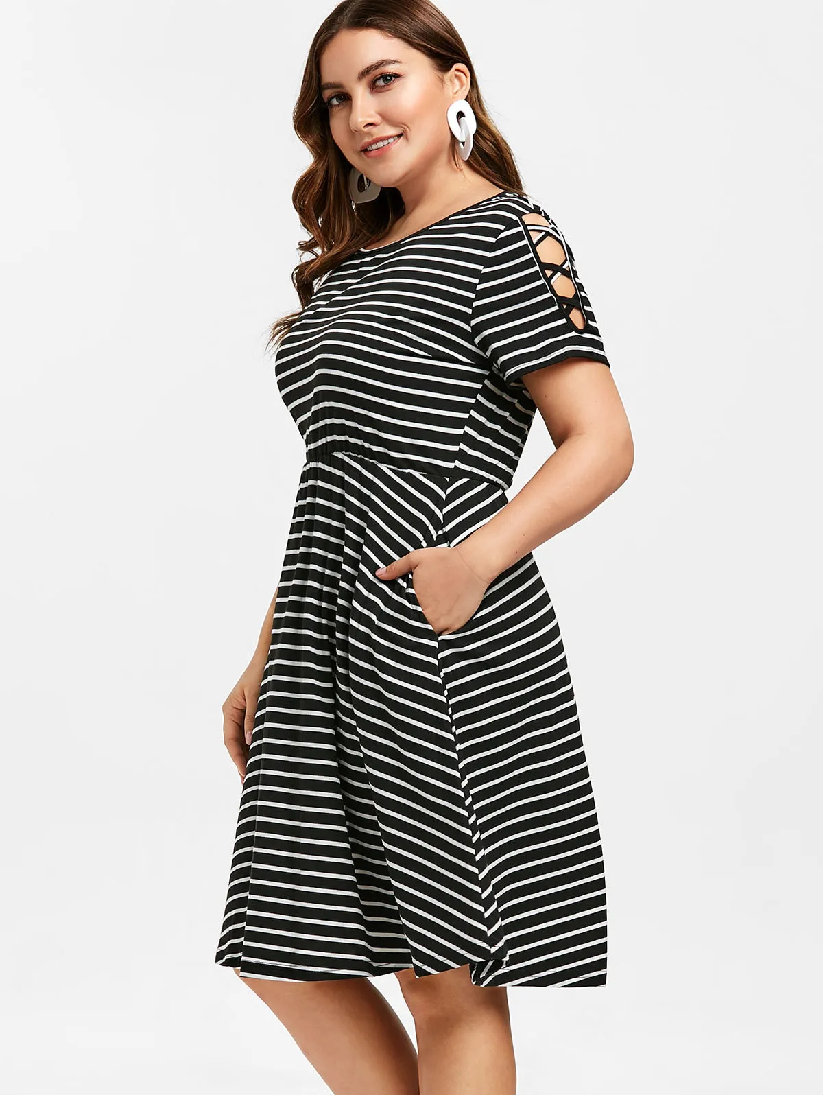Wipalo Plus Size Striped A Line Dress Criss Sleeve Elastic Waist Dress Summer Casual Work Dresses Women Dress Vestidos Y2001201936157