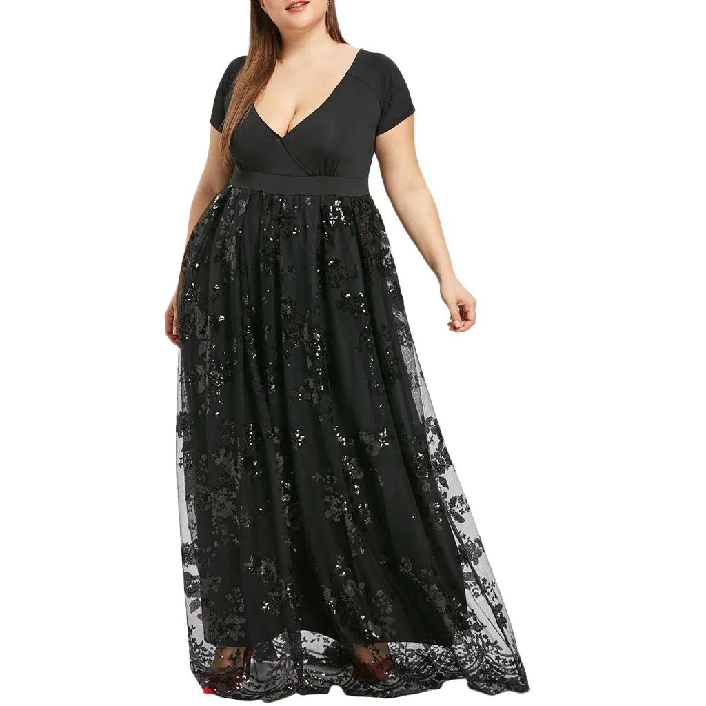 Plus Size Floral Sequined Maxi Dress Kvinnor Deep V Neck Kortärmad Ladies Klänningar Elegant Evening Party Vestidos Dress * Y0118