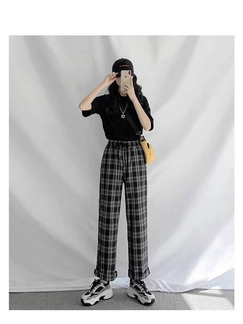 Woherb Vintage Plaid Hosen Frauen Neue Harajuku Knöchel Länge Breite Bein Hosen Koreanische Streetwear Mädchen Hosen Pantalon Femme T200617