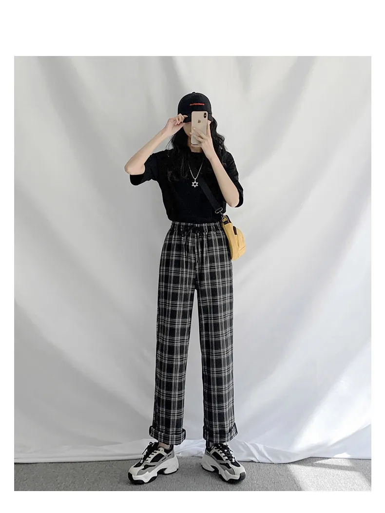 Woherb Vintage Plaid Pants Women New Harajuku Ankle Längd Wide Leg Pants Korean Streetwear Girls Trousers Pantalon Femme T200617