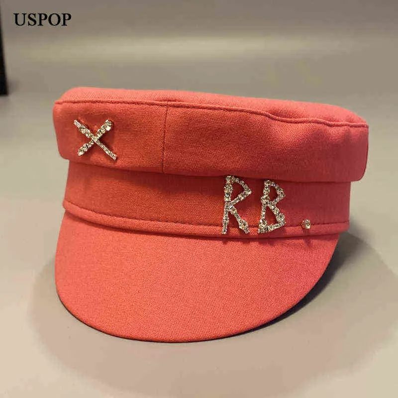 USPOP Yeni Pamuk ve Keten Rhinestone Mektubu Newsboy Caps Kadınlar Düz Militray Caps AA220304267a