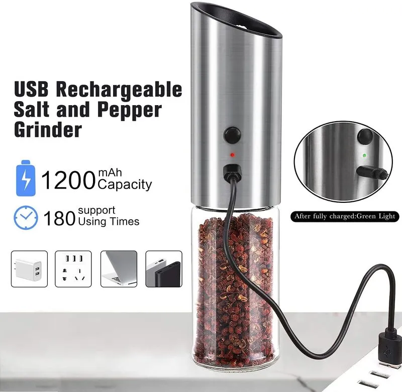 Electric Salt Pepper Grinder USB Uppladdningsbart kvarn Justerbar grovhet LED Light Automatic Spice Köksverktyg 220311