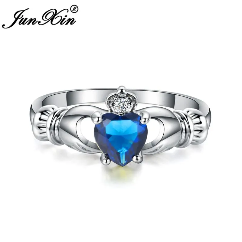 Anéis de casamento Junxin luxo feminino coração anel claddagh branco ouro cheio jóias moda para mulheres nascimento pedra presentes1284f