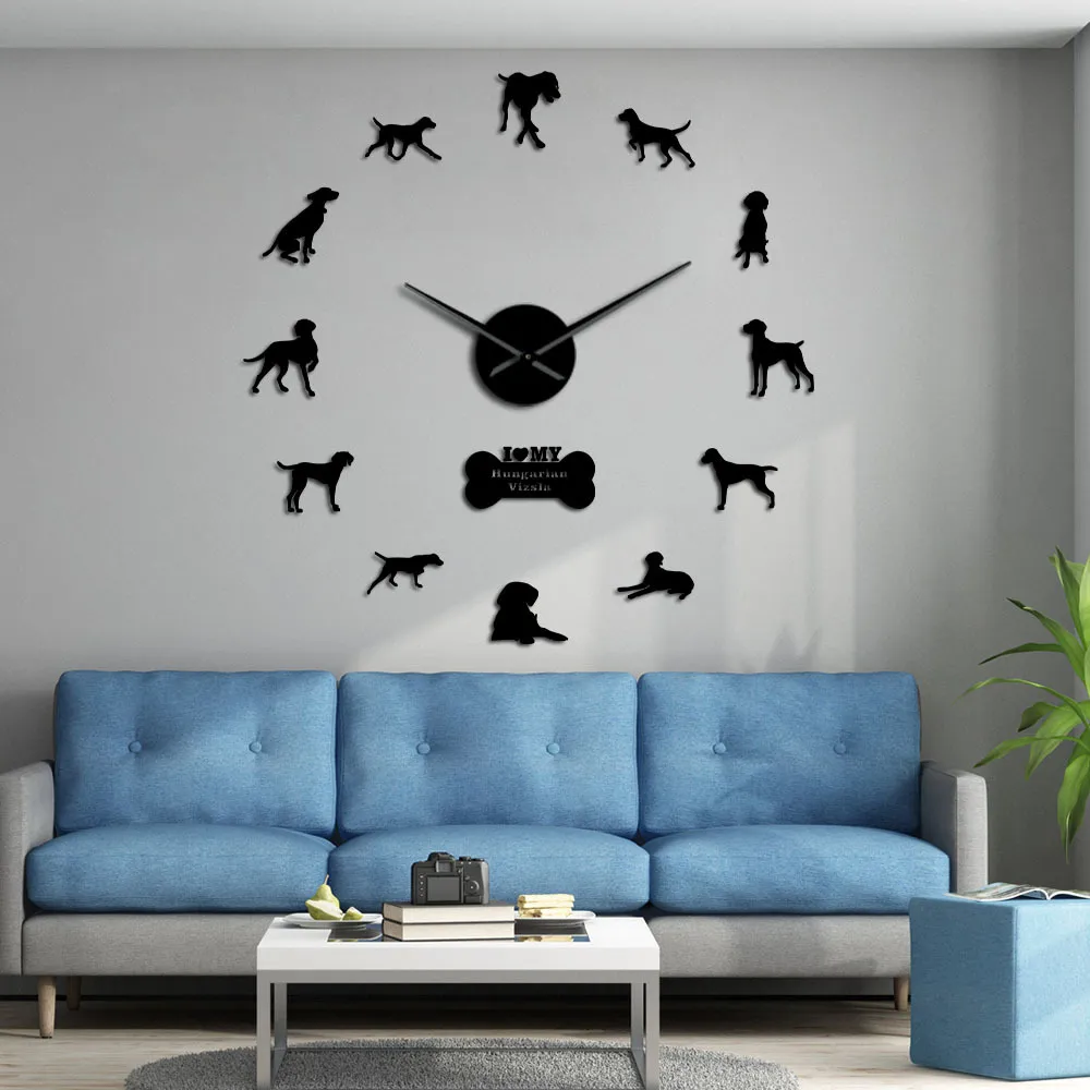 Hongaarse aanwijzer vizsla hondenmuur clok met verschillende houdingen kunststickers magyar grote frameloze modern horloge y200407